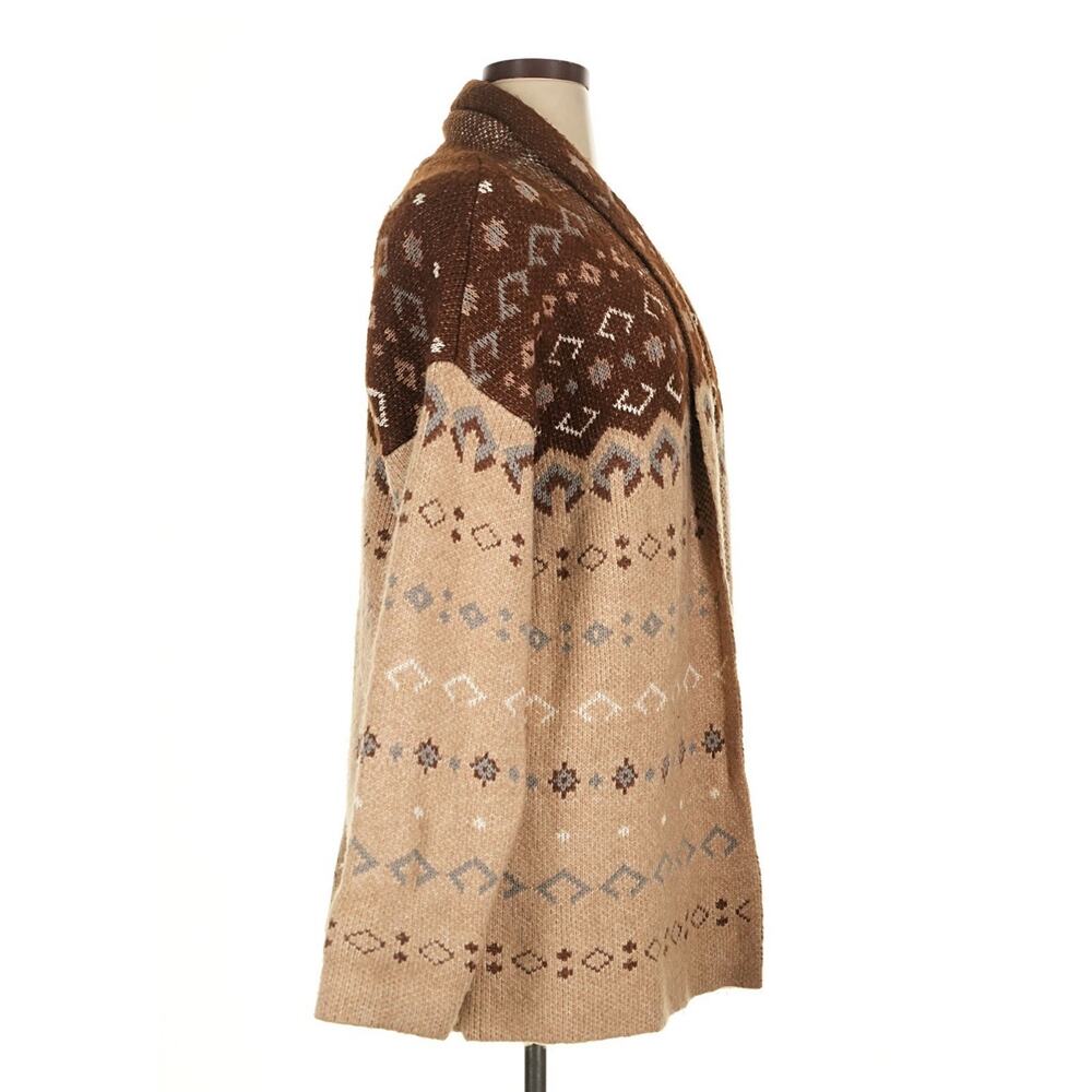 Lucky Brand Tribal Aztec Boho Open Cardigan Brown Tan Long Sweater Women’s XL - Picture 4 of 10